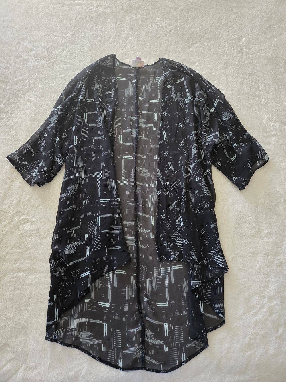LuLaRoe Black Open-Front Lightweight Kimono with Light Blue Pattern